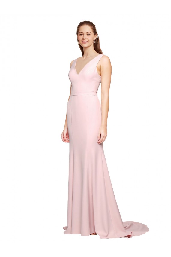 Rose Trapèze Col V Balayage train Crêpe Stretch Longue Robes demoiselle d'honneur / Robes de bal à Bas Prix