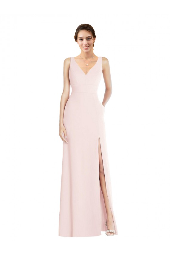 Rose Trapèze Col V Crêpe Stretch Longue Robes demoiselle d'honneur / Robes de bal à Bas Prix