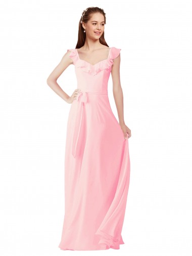 Rose Trapèze Col V Mousseline Longue Robes demoiselle d'honneur à Bas Prix