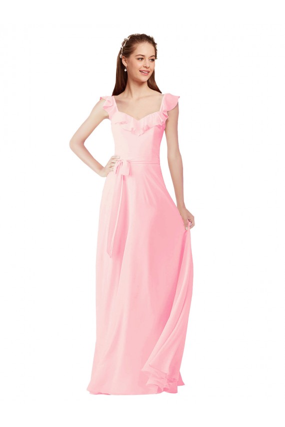Rose Trapèze Col V Mousseline Longue Robes demoiselle d'honneur à Bas Prix
