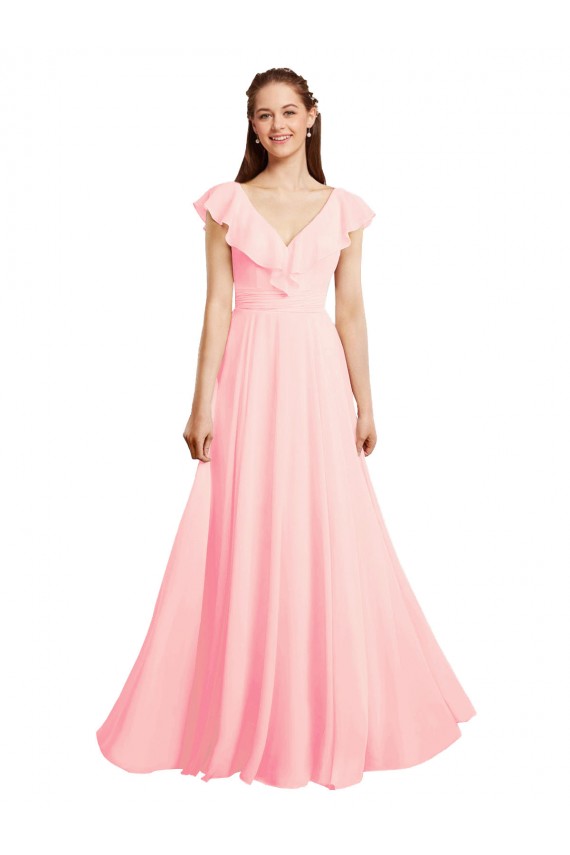 Rose Trapèze Col V Mousseline Longue Robes demoiselle d'honneur à Bas Prix