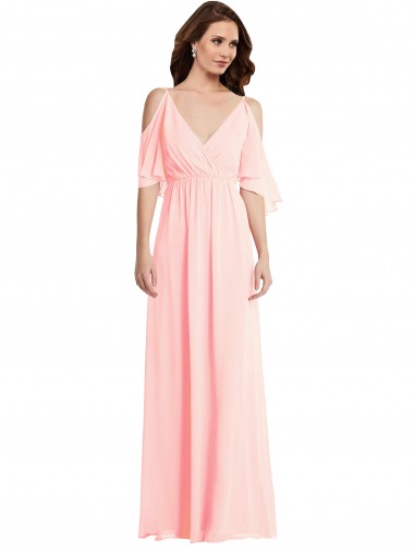 Rose Trapèze Col V Mousseline Longue Robes demoiselle d'honneur à Bas Prix