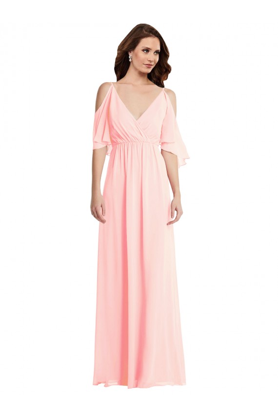 Rose Trapèze Col V Mousseline Longue Robes demoiselle d'honneur à Bas Prix