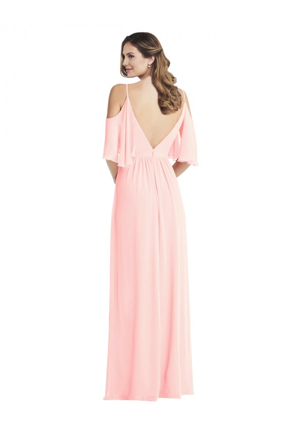 Rose Trapèze Col V Mousseline Longue Robes demoiselle d'honneur à Bas Prix