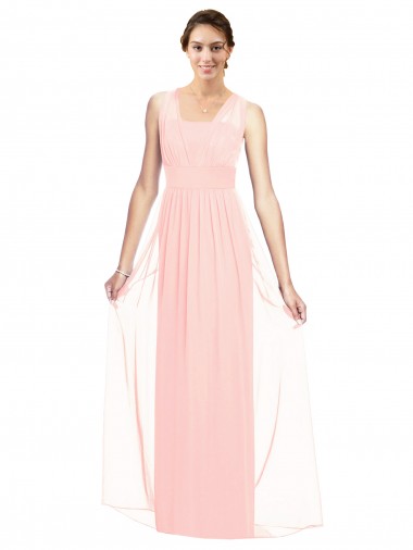 Rose Trapèze Col V Mousseline Longue Robes demoiselle d'honneur à Bas Prix