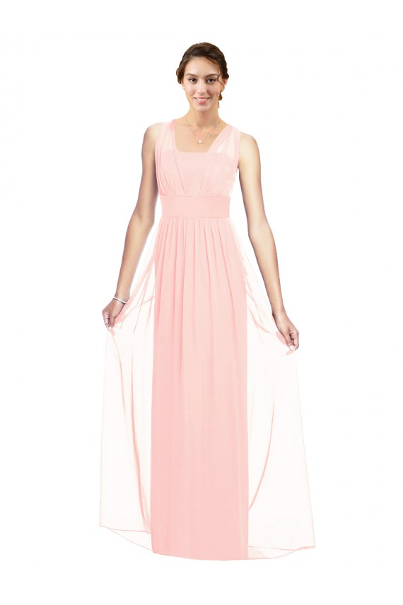 Rose Trapèze Col V Mousseline Longue Robes demoiselle d'honneur à Bas Prix