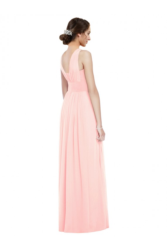 Rose Trapèze Col V Mousseline Longue Robes demoiselle d'honneur à Bas Prix