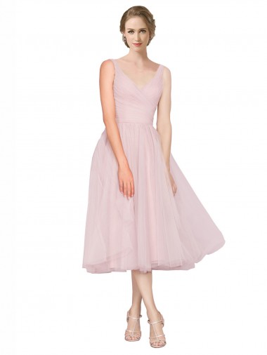 Rose Trapèze Col V Tulle Courte Robes demoiselle d'honneur / Robes de cocktail à Bas Prix