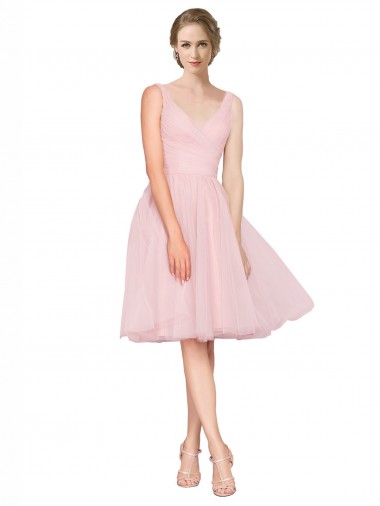 Rose Trapèze Col V Tulle Courte Robes demoiselle d'honneur / Robes de cocktail à Bas Prix