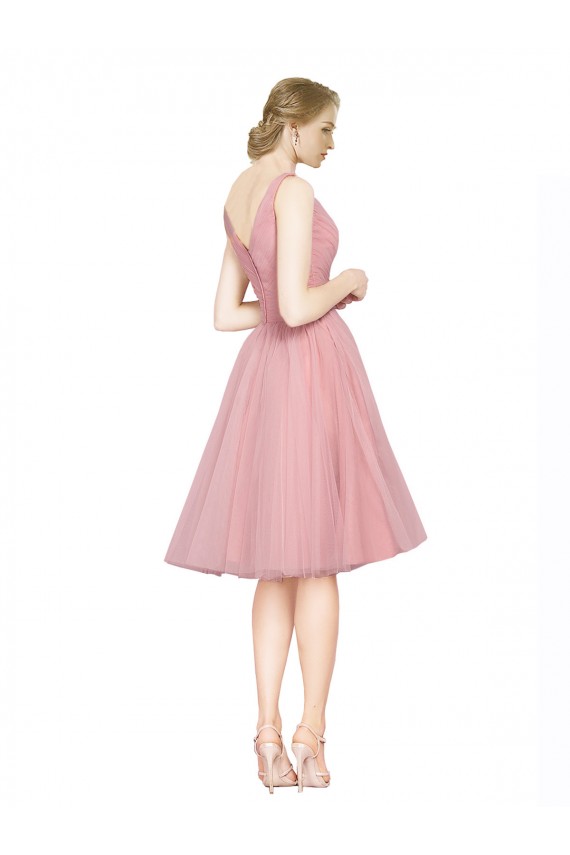 Rose Trapèze Col V Tulle Courte Robes demoiselle d'honneur / Robes de cocktail à Bas Prix