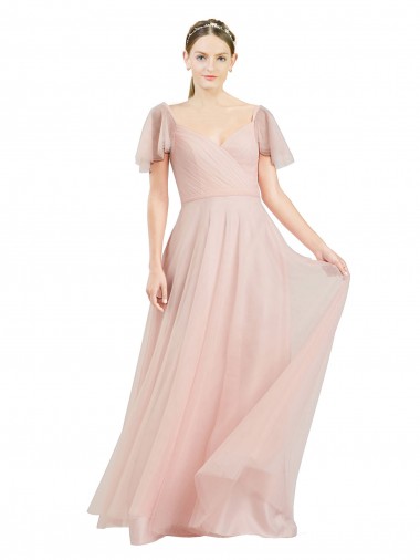 Rose Trapèze Col V Tulle Longue Robes demoiselle d'honneur à Bas Prix