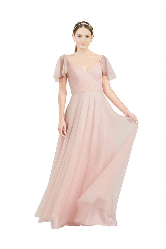 Rose Trapèze Col V Tulle Longue Robes demoiselle d'honneur à Bas Prix