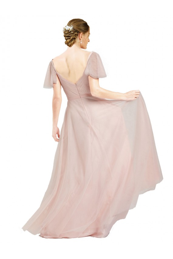 Rose Trapèze Col V Tulle Longue Robes demoiselle d'honneur à Bas Prix