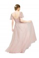 Rose Trapèze Col V Tulle Longue Robes demoiselle d'honneur à Bas Prix