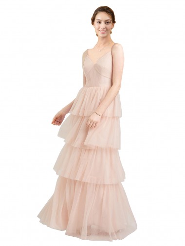 Rose Trapèze Col V Tulle Longue Robes demoiselle d'honneur à Bas Prix