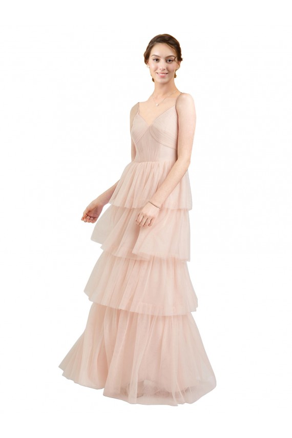 Rose Trapèze Col V Tulle Longue Robes demoiselle d'honneur à Bas Prix