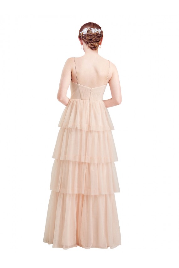 Rose Trapèze Col V Tulle Longue Robes demoiselle d'honneur à Bas Prix