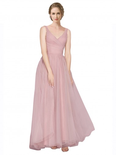 Rose Trapèze Col V Tulle Longue Robes demoiselle d'honneur à Bas Prix