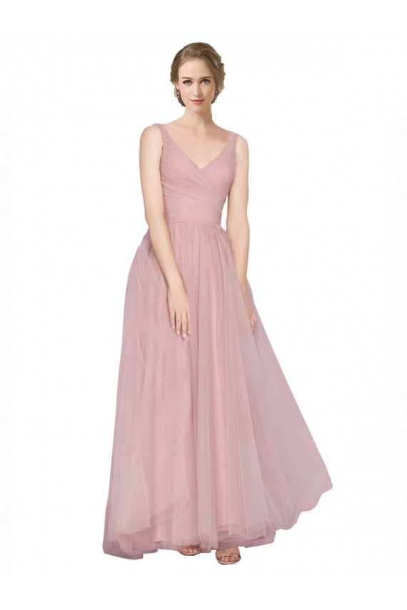 Rose Trapèze Col V Tulle Longue Robes demoiselle d'honneur à Bas Prix