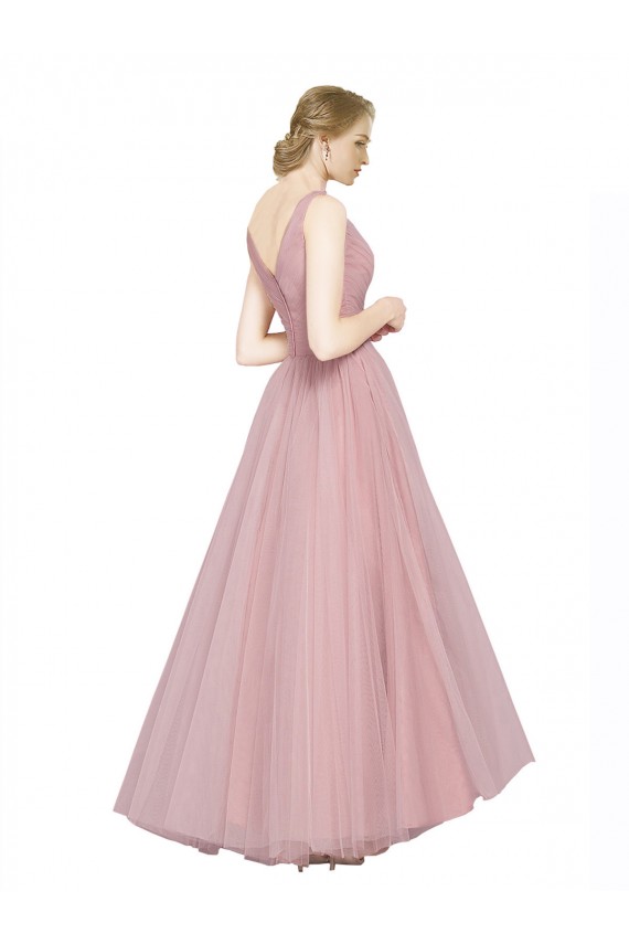 Rose Trapèze Col V Tulle Longue Robes demoiselle d'honneur à Bas Prix