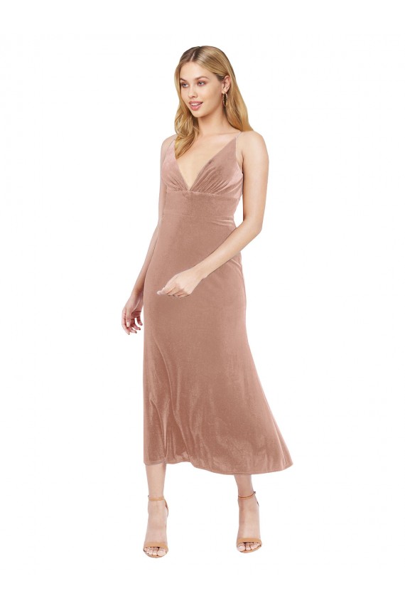 Rose Trapèze Col V midi Velours Stretch Courte Robes demoiselle d'honneur / Robes de bal / Robes de cocktail à Bas Prix