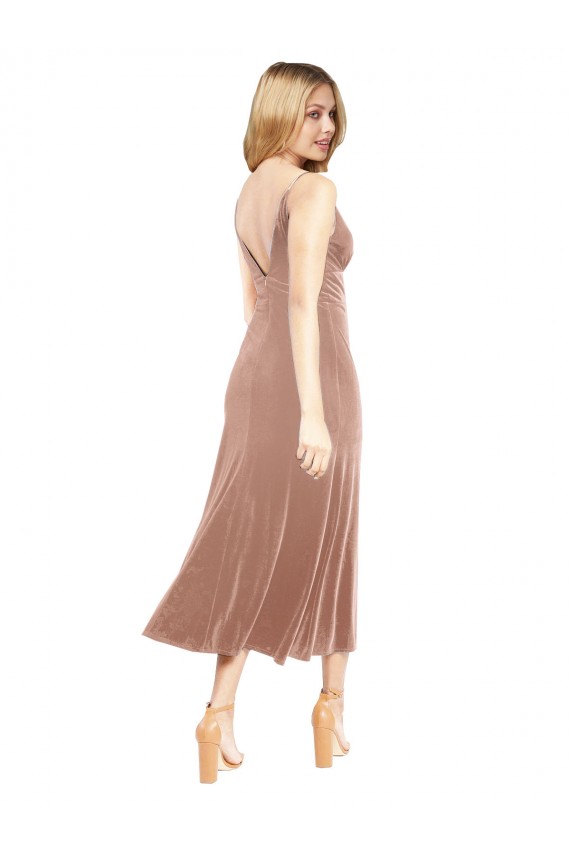Rose Trapèze Col V midi Velours Stretch Courte Robes demoiselle d'honneur / Robes de bal / Robes de cocktail à Bas Prix