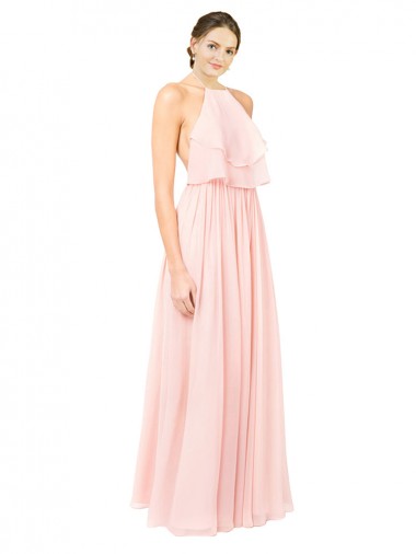 Rose Trapèze Licou Mousseline Longue Robes demoiselle d'honneur à Bas Prix