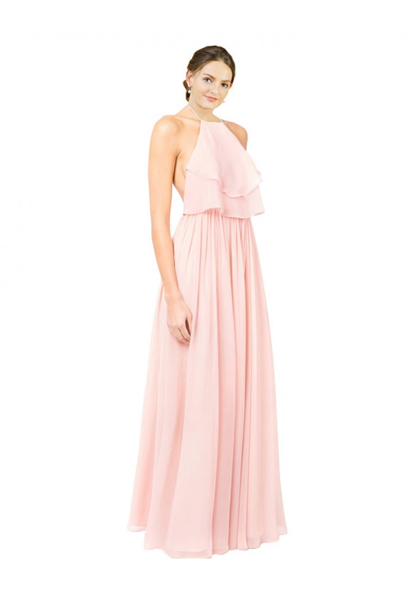 Rose Trapèze Licou Mousseline Longue Robes demoiselle d'honneur à Bas Prix