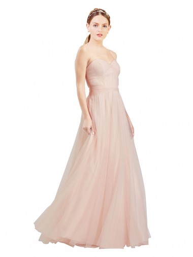 Rose Trapèze Sans bretelle Tulle Longue Robes demoiselle d'honneur à Bas Prix