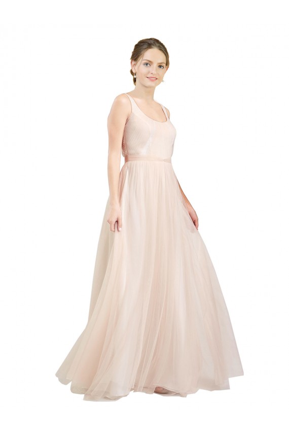 Rose Trapèze Scoop Tulle Longue Robes demoiselle d'honneur à Bas Prix