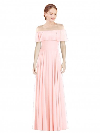 Rose Trapèze Épaule Dénudée Col Carré Mousseline Longue Robes demoiselle d'honneur à Bas Prix