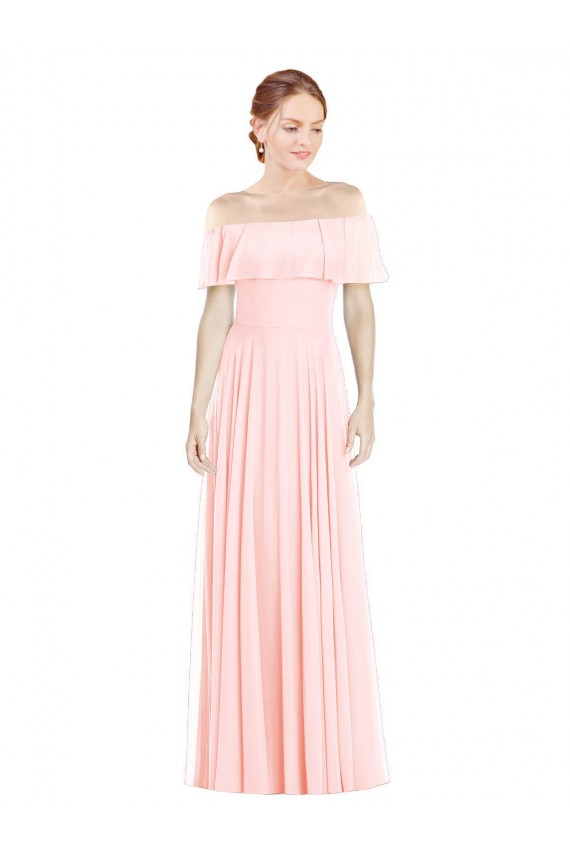 Rose Trapèze Épaule Dénudée Col Carré Mousseline Longue Robes demoiselle d'honneur à Bas Prix