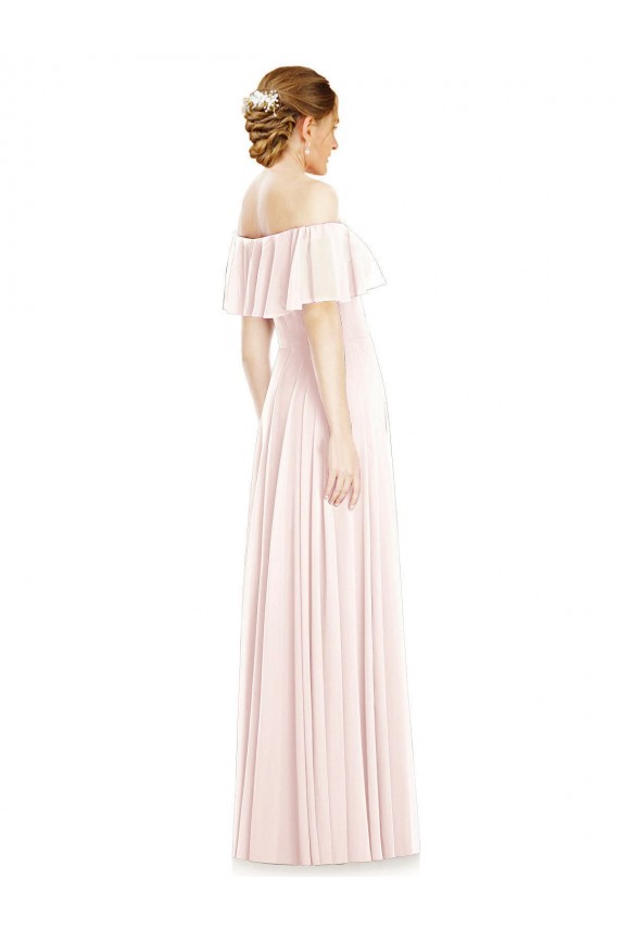 Rose Trapèze Épaule Dénudée Col Carré Mousseline Longue Robes demoiselle d'honneur à Bas Prix
