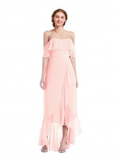 Rose Trapèze Épaule Dénudée Mousseline Longue Asymétrique Robes demoiselle d'honneur à Bas Prix