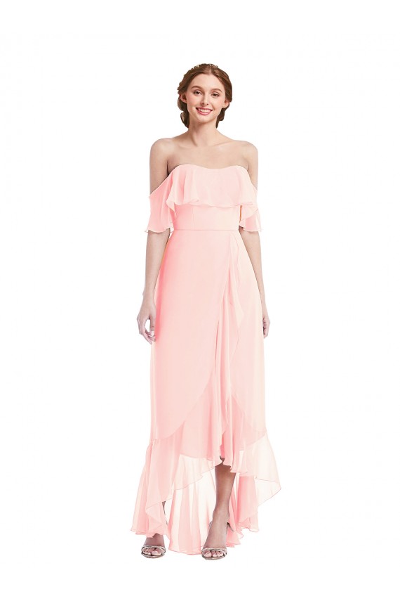 Rose Trapèze Épaule Dénudée Mousseline Longue Asymétrique Robes demoiselle d'honneur à Bas Prix