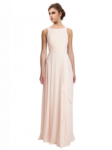 Rose crème Trapèze Bateau Col Haut Mousseline Longue Robes demoiselle d'honneur à Bas Prix