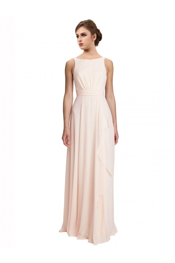 Rose crème Trapèze Bateau Col Haut Mousseline Longue Robes demoiselle d'honneur à Bas Prix