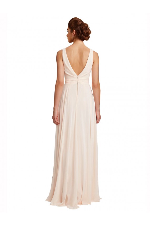 Rose crème Trapèze Bateau Col Haut Mousseline Longue Robes demoiselle d'honneur à Bas Prix