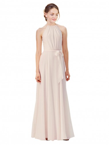 Rose crème Trapèze Bateau Col Haut Mousseline Longue Robes demoiselle d'honneur à Bas Prix