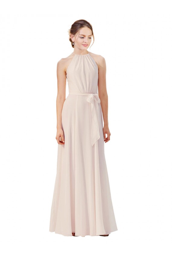 Rose crème Trapèze Bateau Col Haut Mousseline Longue Robes demoiselle d'honneur à Bas Prix