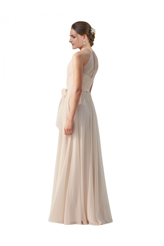 Rose crème Trapèze Bateau Col Haut Mousseline Longue Robes demoiselle d'honneur à Bas Prix
