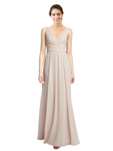 Rose crème Trapèze Col V Mousseline Longue Robes demoiselle d'honneur à Bas Prix