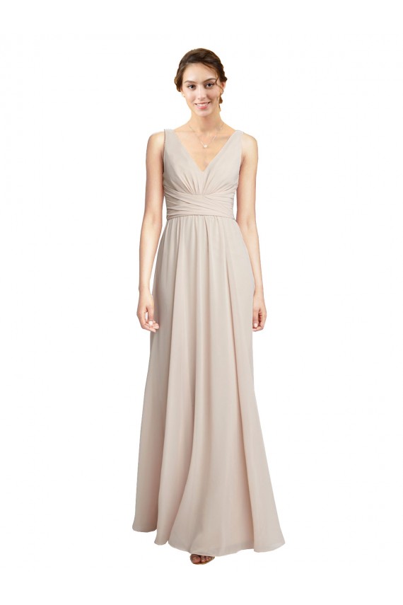 Rose crème Trapèze Col V Mousseline Longue Robes demoiselle d'honneur à Bas Prix