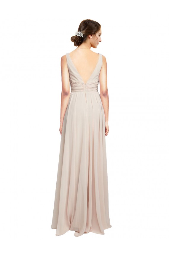 Rose crème Trapèze Col V Mousseline Longue Robes demoiselle d'honneur à Bas Prix