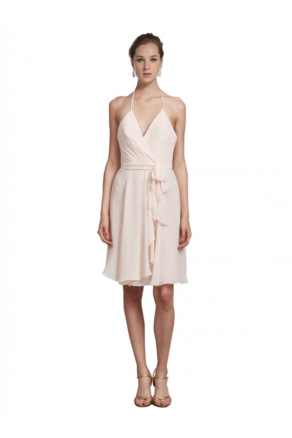 Rose crème Trapèze Licou Col V Mousseline Courte Robes demoiselle d'honneur / Robes de cocktail à Bas Prix