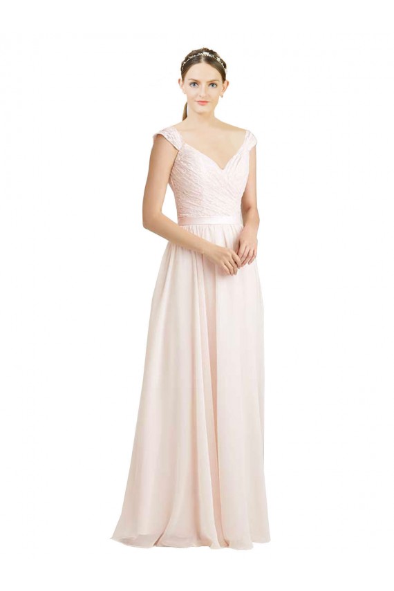 Rose crème Trapèze Mousseline Dentelle Longue Robes demoiselle d'honneur à Bas Prix