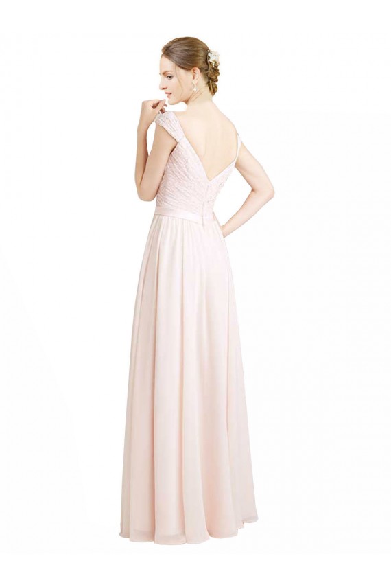 Rose crème Trapèze Mousseline Dentelle Longue Robes demoiselle d'honneur à Bas Prix