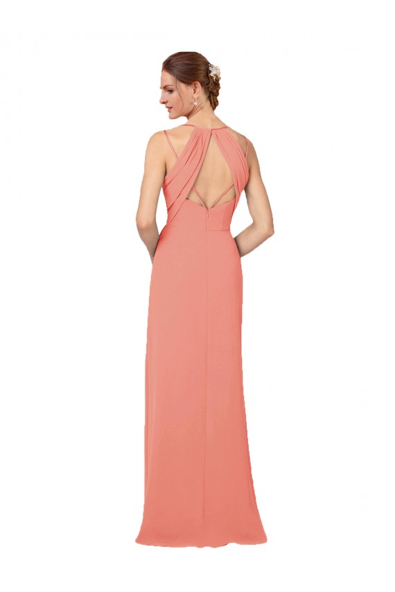 Rose du Désert Fourreau Col V Mousseline Longue Robes demoiselle d'honneur à Bas Prix