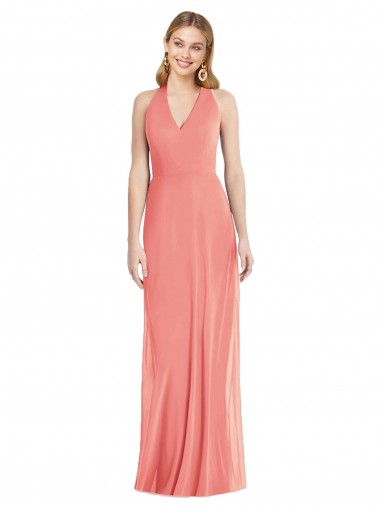Rose du Désert Trompette Licou Col V Mousseline Longue Formelles Robes demoiselle d'honneur / Robes de soirée à Bas Prix