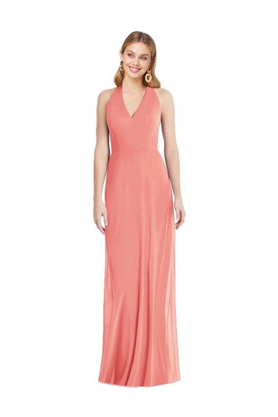 Rose du Désert Trompette Licou Col V Mousseline Longue Formelles Robes demoiselle d'honneur / Robes de soirée à Bas Prix